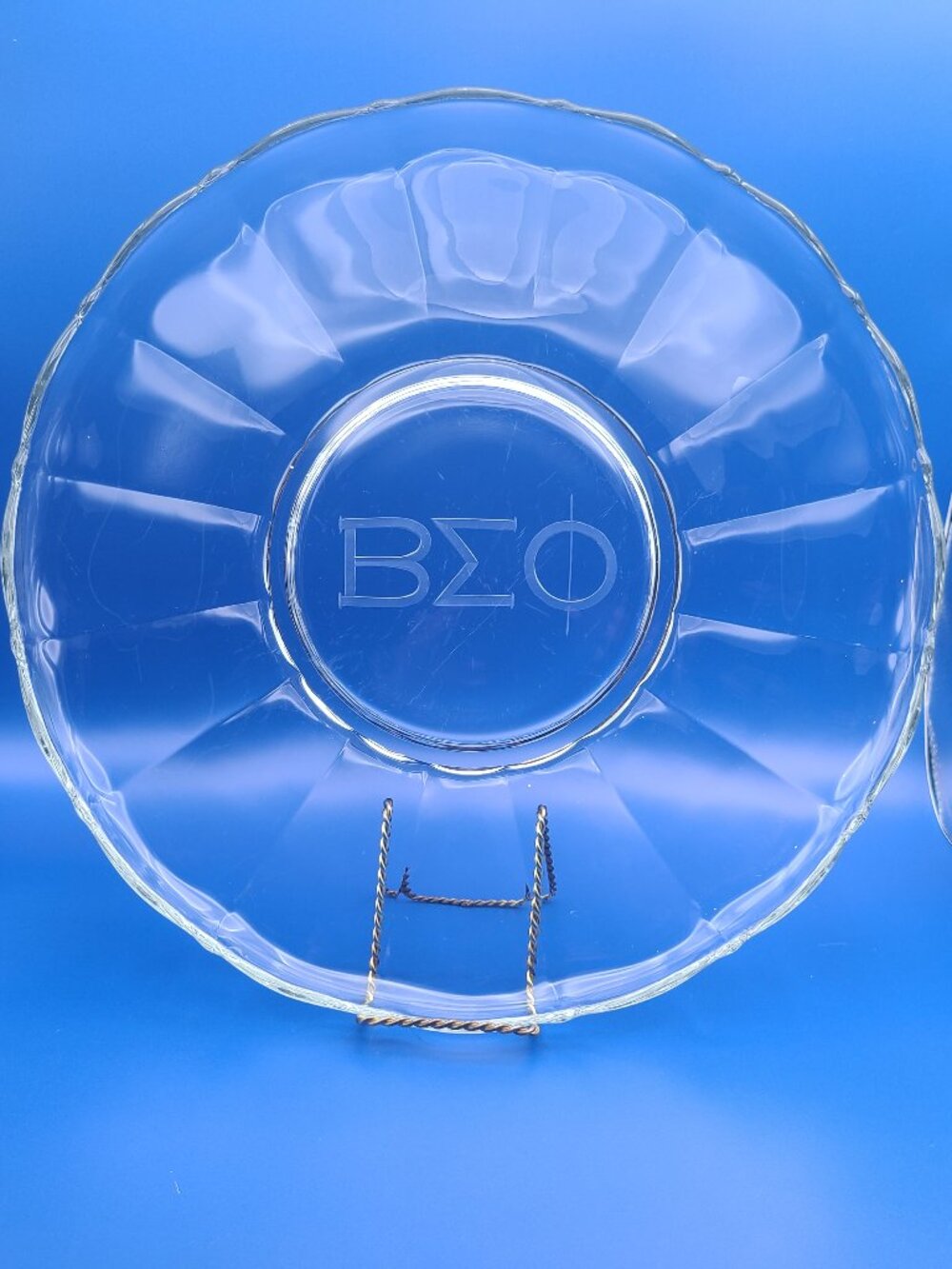 Beta Sigma Phi Sorority Engraved Scalloped Cake Plate Serving Platter 14" Diam